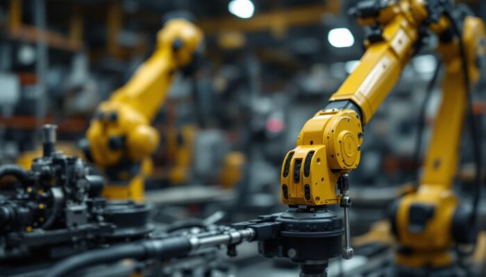 A photograph of a detailed close-up of a walking cane hardware kit alongside an industrial robotic arm in a workshop setting