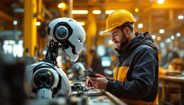 A photograph of a skilled engineer programming an industrial robot in a modern workshop