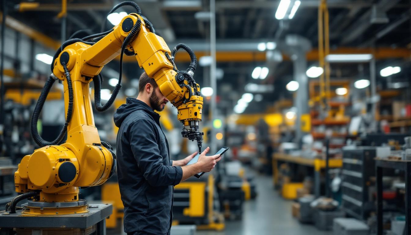 A photograph of a skilled technician demonstrating the operation of an industrial robotic arm in the waltham hardware store