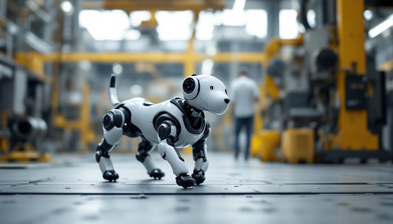 A photograph of a spot dot robotic dog in action within an industrial setting
