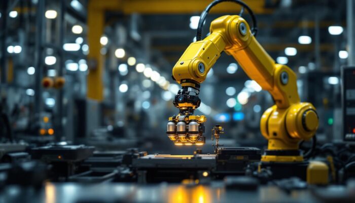 A photograph of a dynamic industrial setting featuring a robotic arm in action