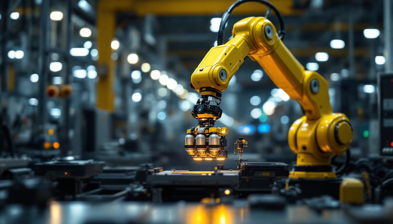 A photograph of a dynamic industrial setting featuring a robotic arm in action