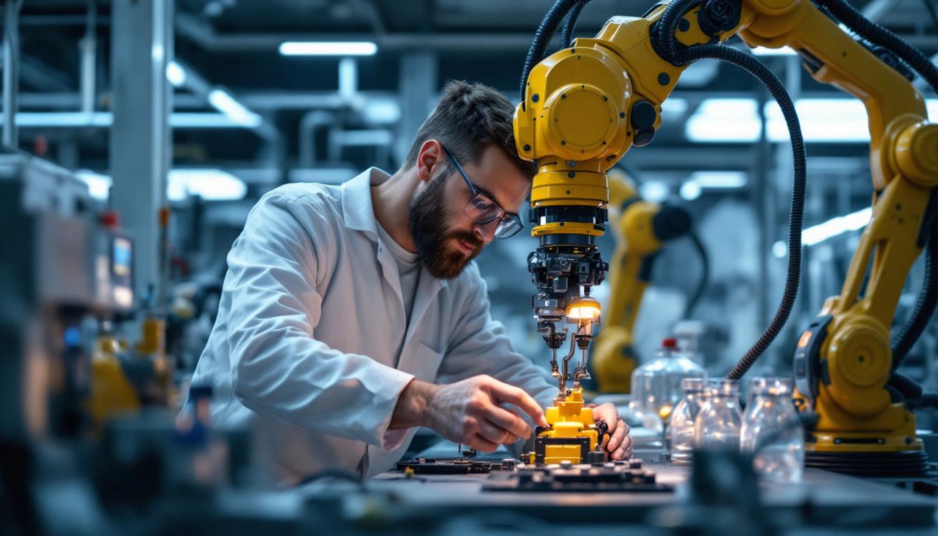 A photograph of a bioengineer working with industrial robotic arms in a high-tech laboratory setting