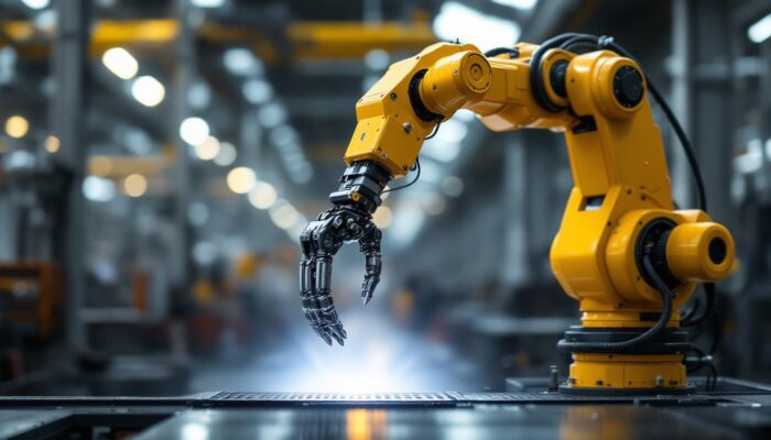 A photograph of an industrial robotic arm in action