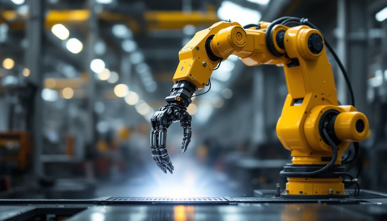 A photograph of an industrial robotic arm in action