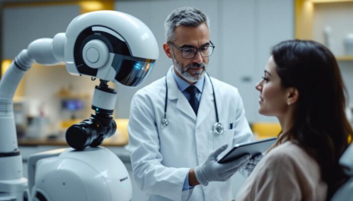 A photograph of a dermatologist in a modern clinic setting