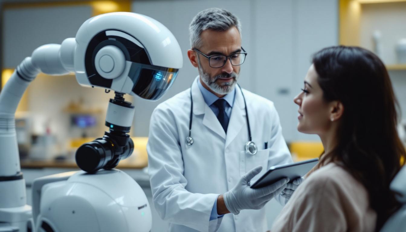 A photograph of a dermatologist in a modern clinic setting