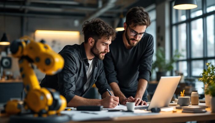 A photograph of a ux designer collaborating with engineers in a modern workspace