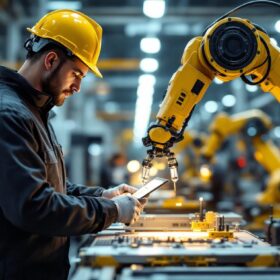 A photograph of a skilled industrial engineer working alongside advanced industrial robots in a modern manufacturing facility