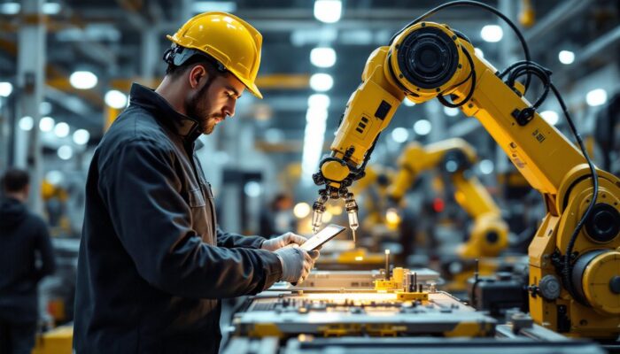 A photograph of a skilled industrial engineer working alongside advanced industrial robots in a modern manufacturing facility