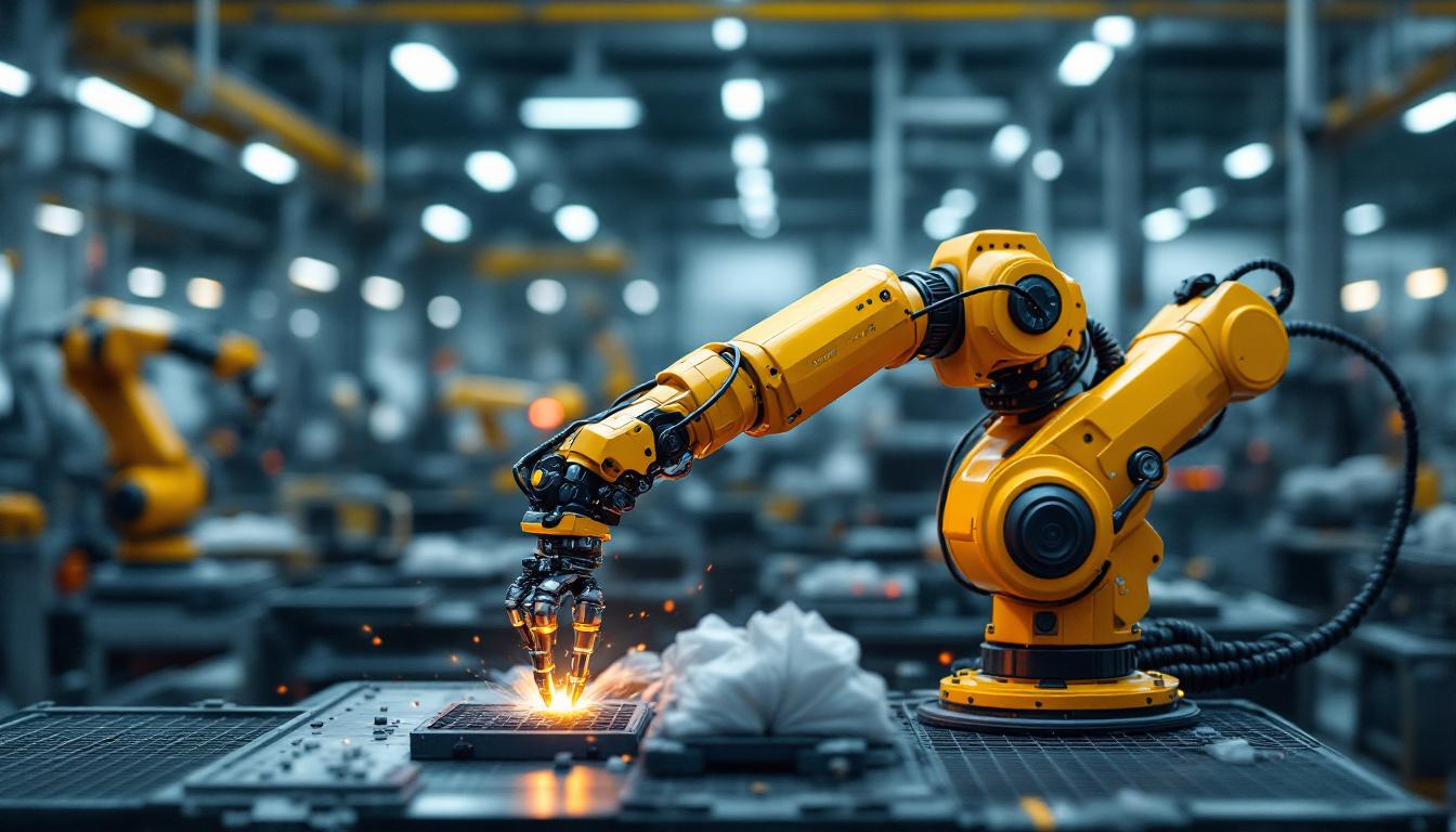 A photograph of a dynamic industrial robotic arm in action