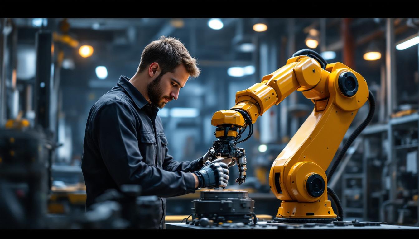 A photograph of a skilled technician working on an industrial robotic arm in a modern workshop