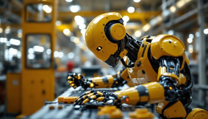 A photograph of a modern industrial robot in action within a manufacturing environment