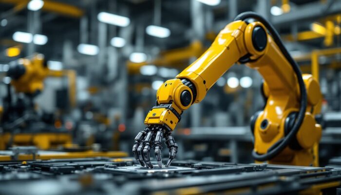 A photograph of a sleek industrial robotic arm in action within a manufacturing environment
