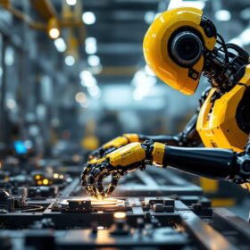 A photograph of a sleek industrial robot in action