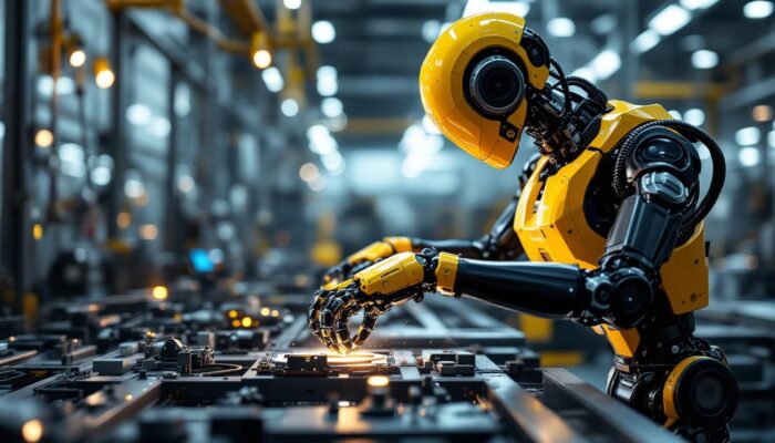 A photograph of a sleek industrial robot in action