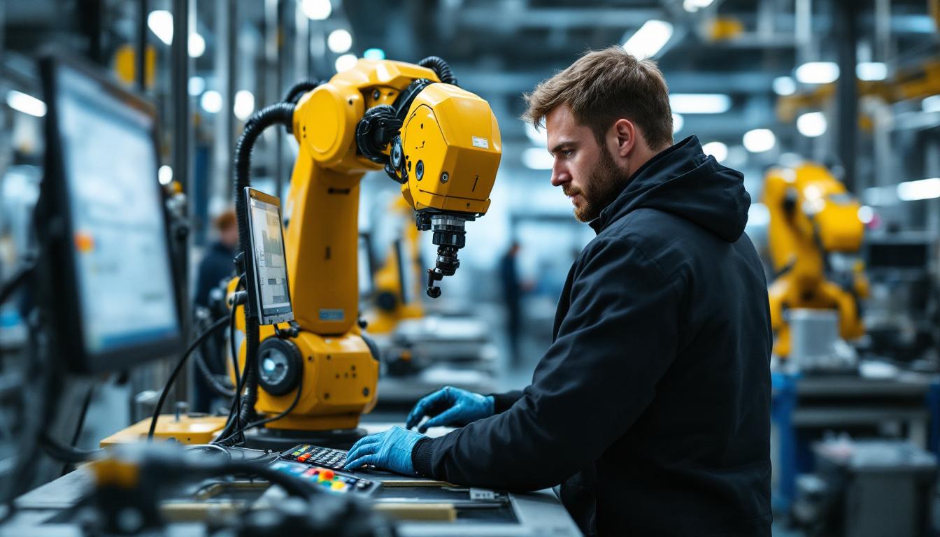 A photograph of a skilled technician programming or operating an industrial robot in a dynamic manufacturing environment