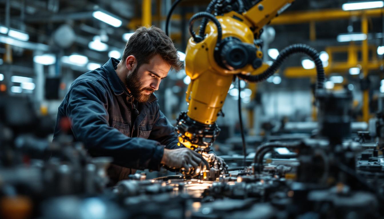 A photograph of a skilled technician working on an industrial robot in a modern boston manufacturing facility