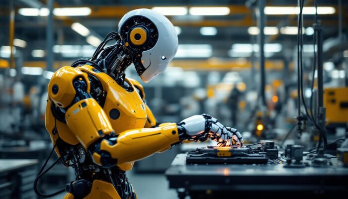 A photograph of a sleek industrial robot in action