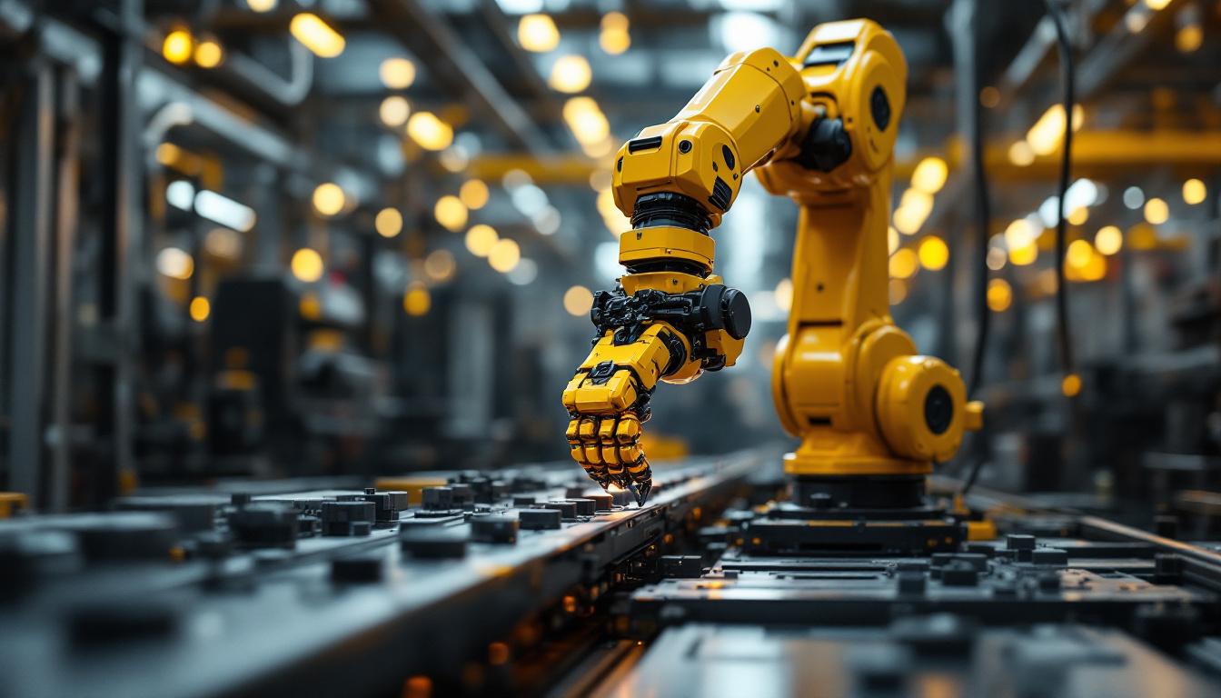 A photograph of a sleek industrial robotic arm in action within a modern manufacturing environment