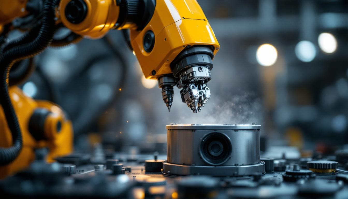 A photograph of a close-up of an industrial robot in action
