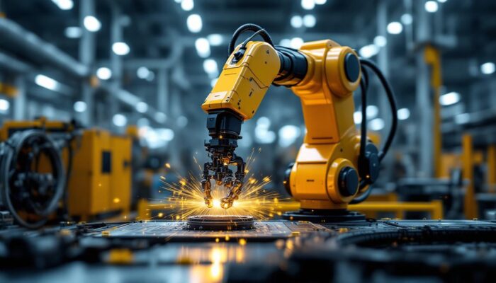 A photograph of a state-of-the-art industrial robotic arm in action within a modern manufacturing facility