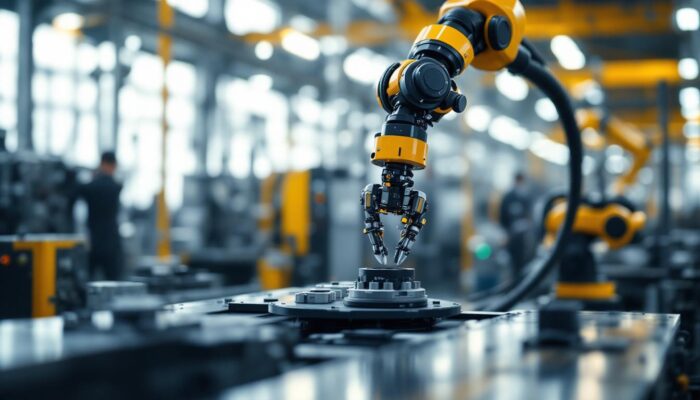 A photograph of a dynamic industrial setting featuring a robotic arm in action