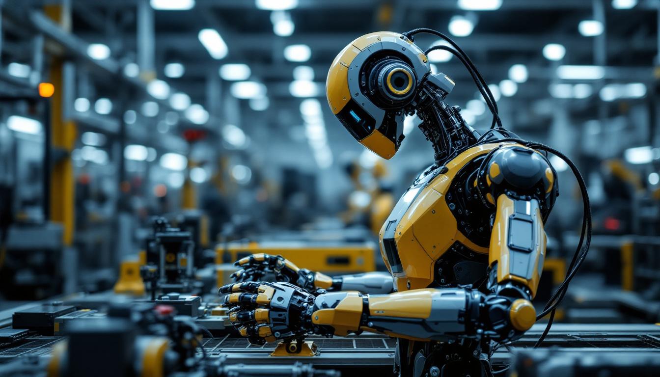 A photograph of a sleek industrial robot in action on a factory floor