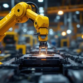 A photograph of a dynamic industrial robotic arm in action