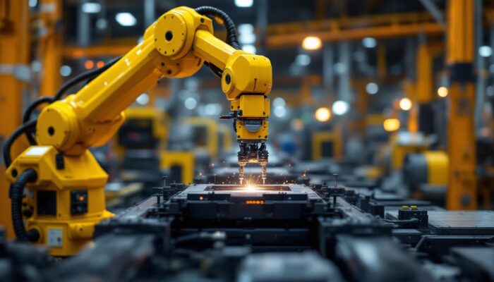 A photograph of a dynamic industrial robotic arm in action