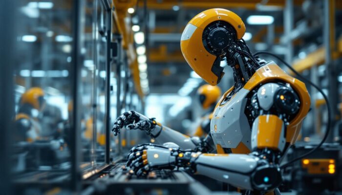 A photograph of a sleek industrial robot in action within a modern manufacturing environment