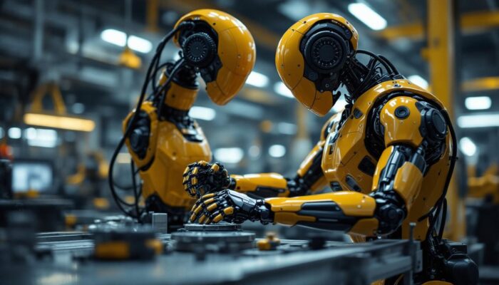 A photograph of a sleek industrial robot in action within a manufacturing setting