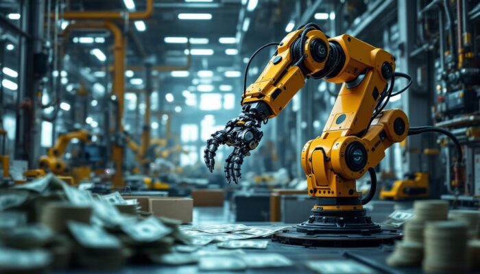 A photograph of a futuristic industrial setting featuring a robotic arm in action