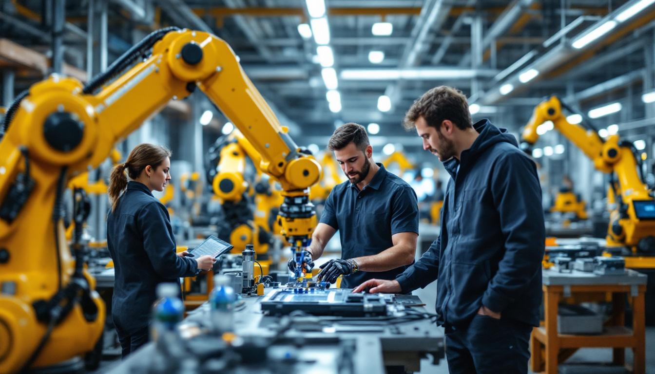 A photograph of a dynamic industrial robotics workspace in boston