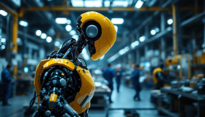 A photograph of a sleek industrial robot in action within a modern manufacturing facility
