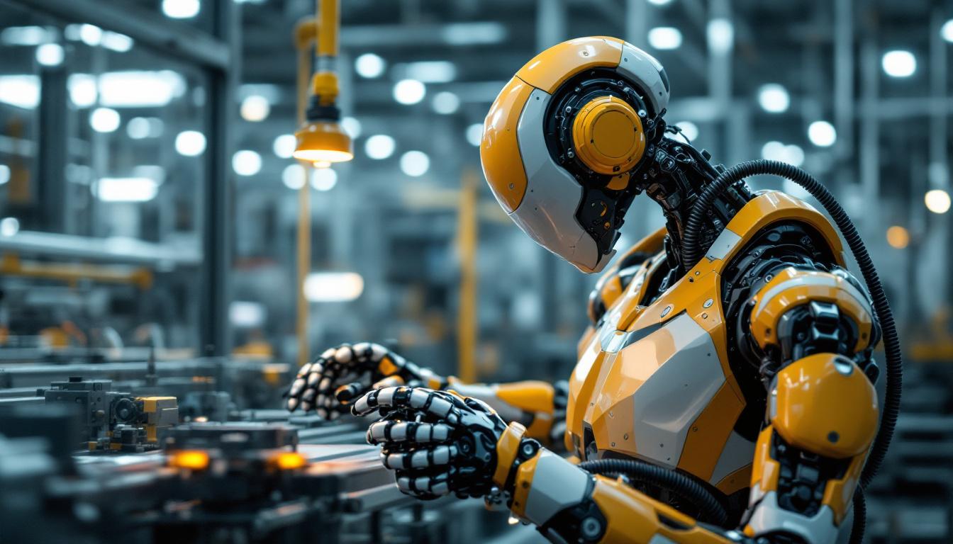 A photograph of a sleek industrial robot in action within a manufacturing environment