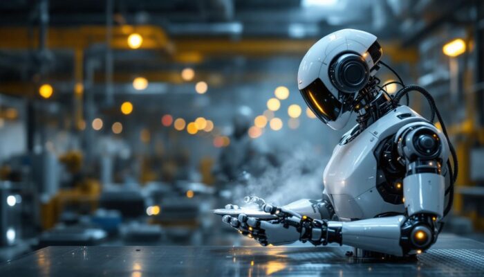 A photograph of a sleek industrial robot in action within a thermal resource facility