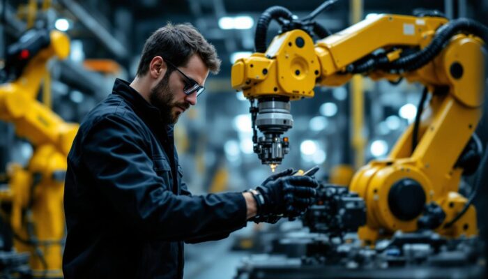 A photograph of a skilled mechanical engineer working on an industrial robotic arm in a modern manufacturing setting