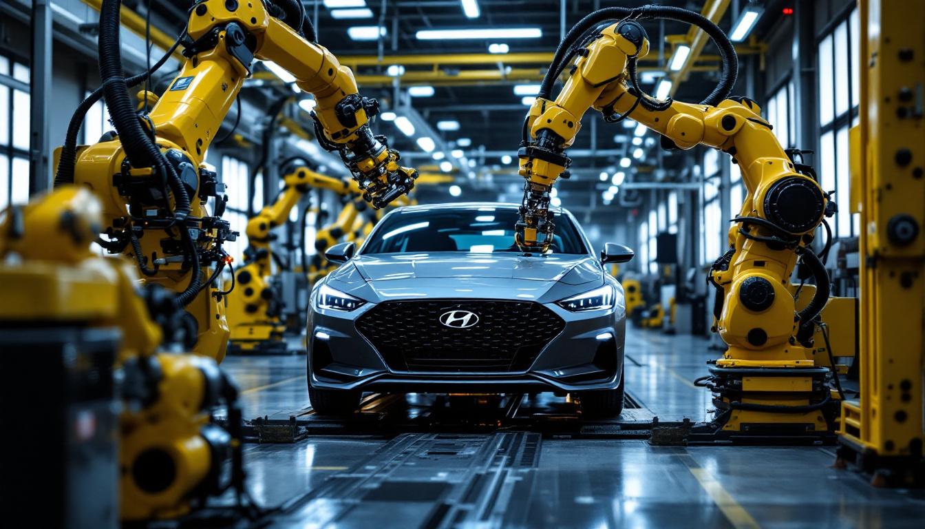 A photograph of a sleek hyundai vehicle being serviced by an industrial robot in a modern workshop