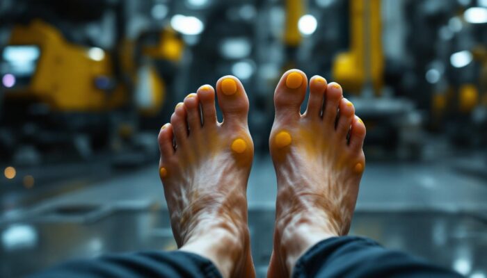 A photograph of a close-up of a person's feet with yellow spots