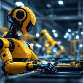 A photograph of a sleek waltham automatic industrial robot in action within a modern manufacturing environment