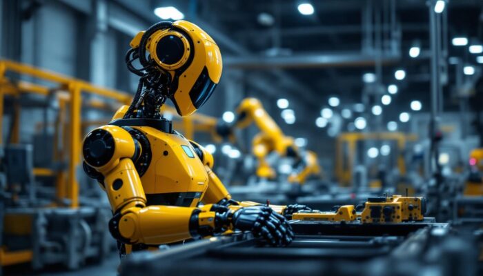 A photograph of a sleek waltham automatic industrial robot in action within a modern manufacturing environment