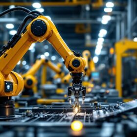 A photograph of a sleek industrial robotic arm in action