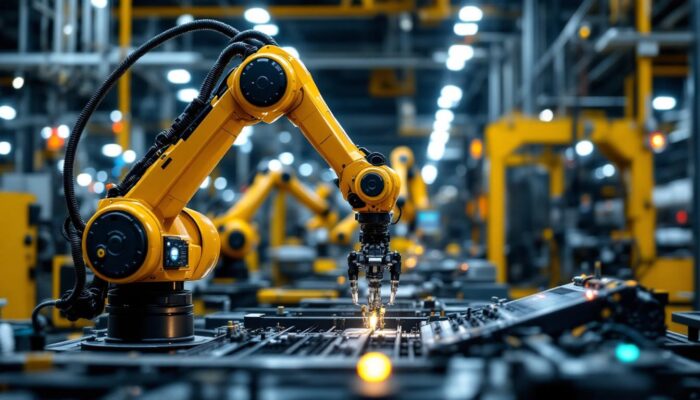 A photograph of a sleek industrial robotic arm in action