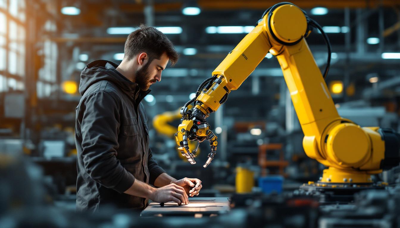 A photograph of an industrial robotics engineer working hands-on with a robotic arm in a modern manufacturing setting
