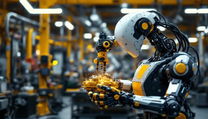 A photograph of a dynamic industrial robot in action