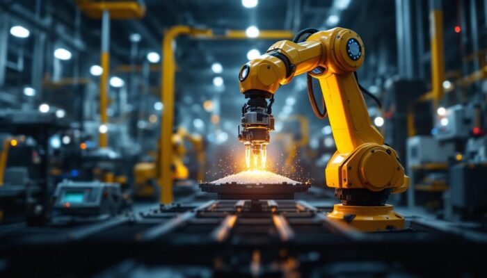 A photograph of a sleek industrial robotic arm in action within a modern manufacturing environment