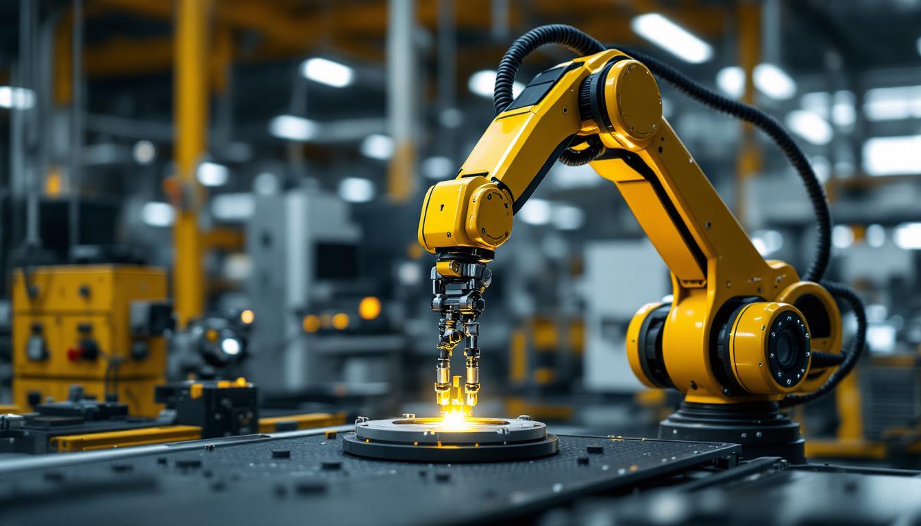 A photograph of a sleek industrial robotic arm in action within a modern manufacturing environment