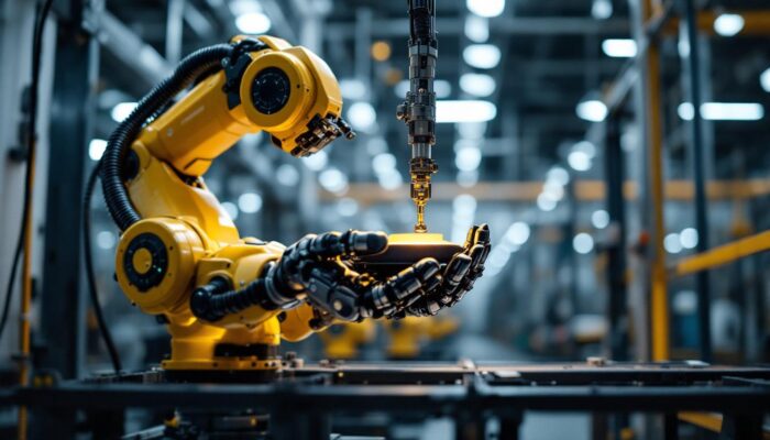 A photograph of a skilled industrial robot in action