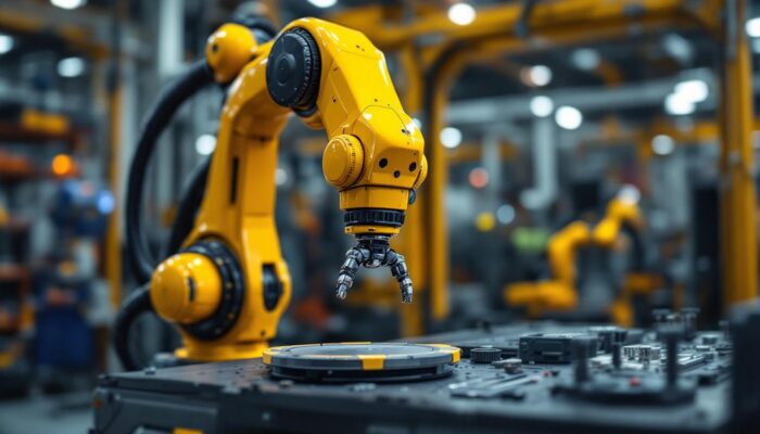 A photograph of a sleek industrial robotic arm in action